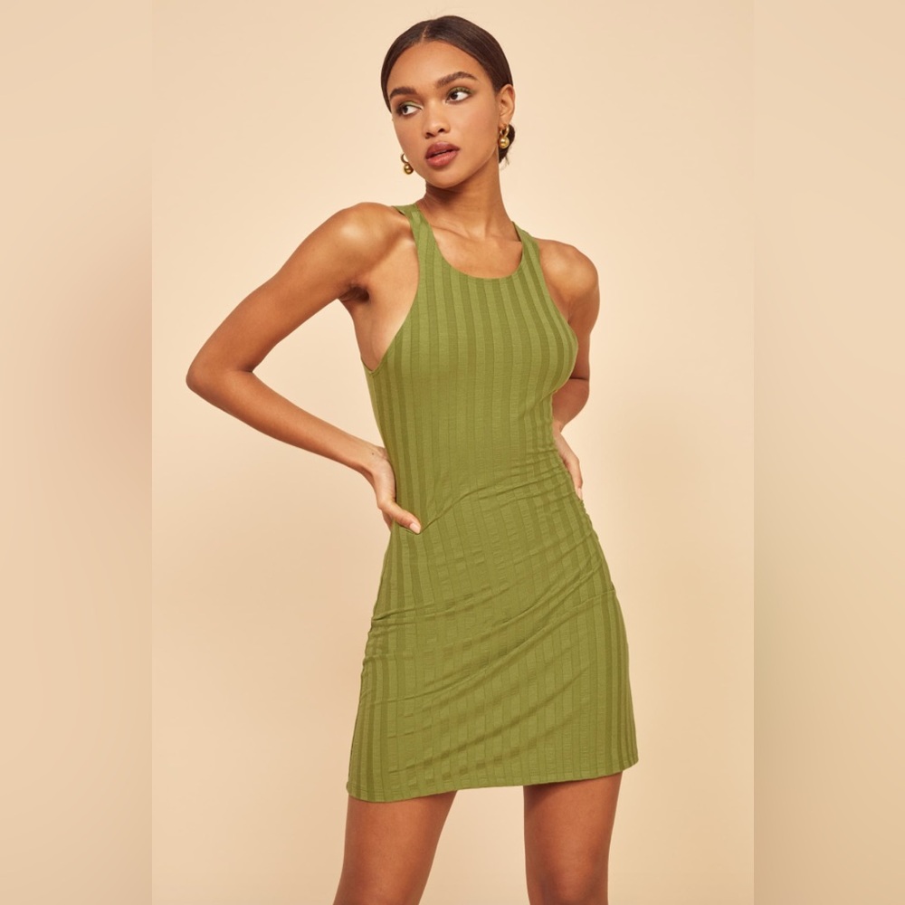 Reformation Mel ribbed dress in avocado green